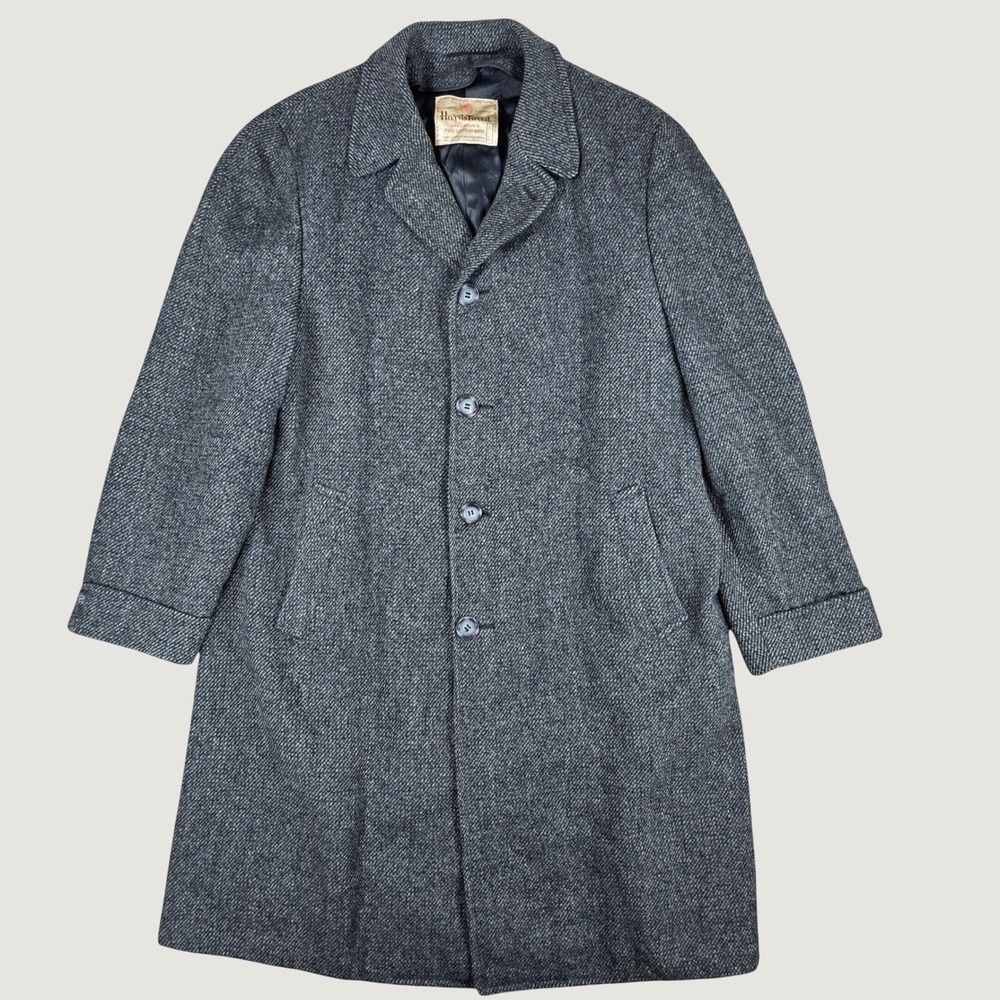Vintage Harris Tweed Handwoven Pure Scottish Wool Long Overcoat Gray Herringbone